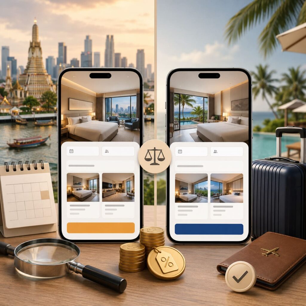 หน้าจอมือถือเปรียบเทียบการจองโรงแรมผ่าน รีวิว Agoda vs Booking.com