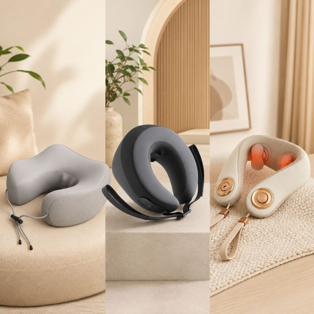 หมอนนวดคอ 3 แบบสำหรับเปรียบเทียบ FULI Xiaomi และ TOKUYO