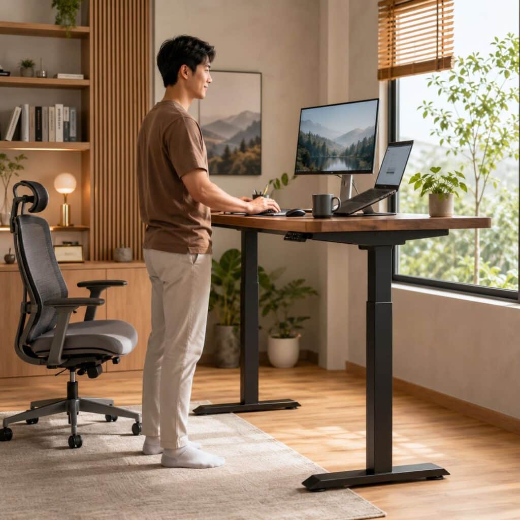 ผู้ชายยืนทำงานกับโต๊ะ Standing Desk